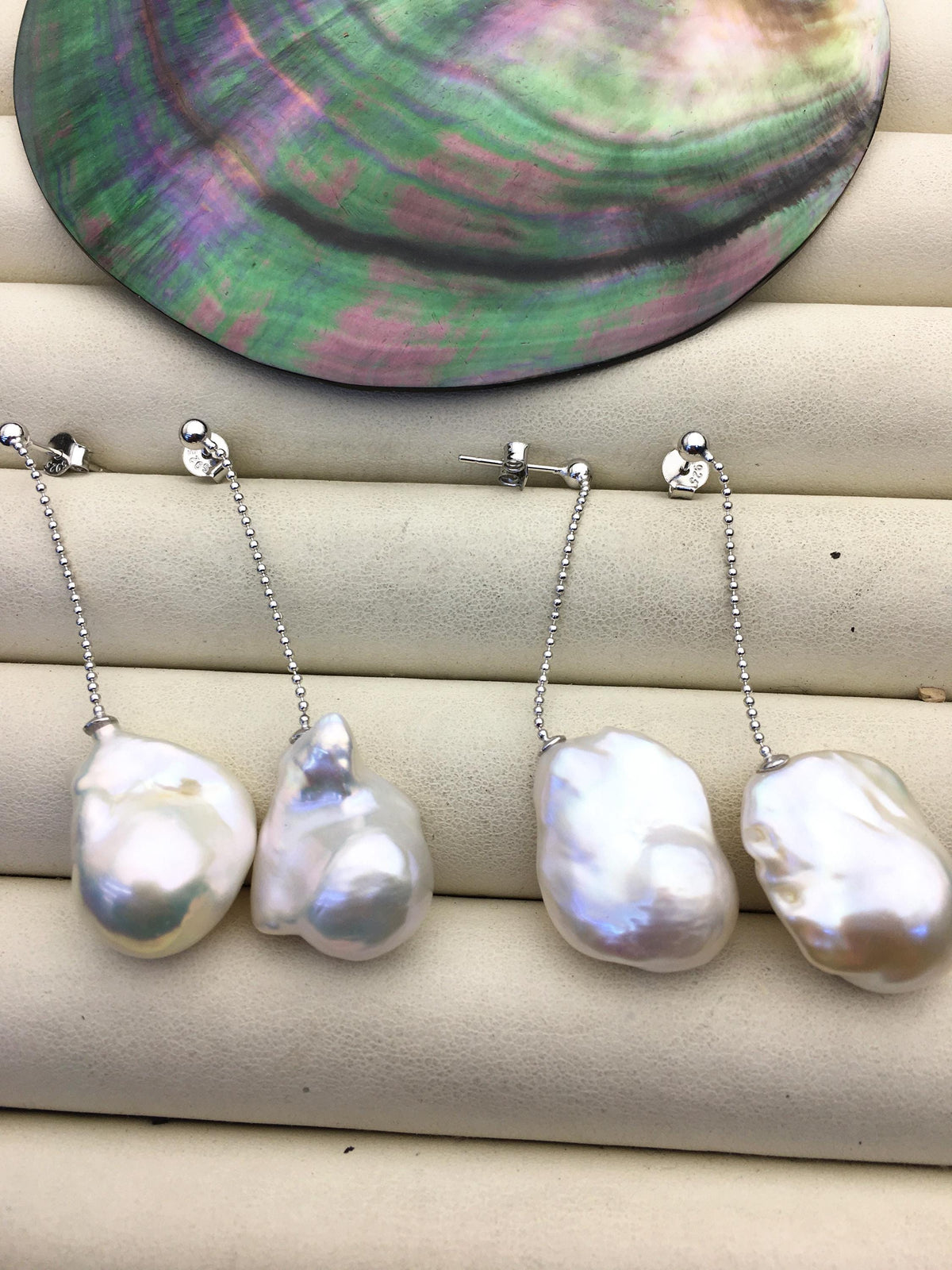 1 pair AAA 13-17mm white flame ball pearl stud earrings, sterling silver, earring with white baroque Natural Pearl, SE3-031-25