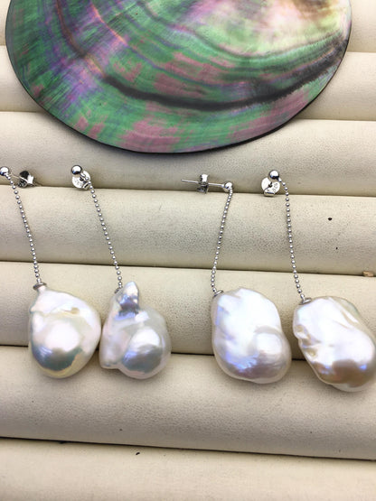 1 pair AAA 13-17mm white flame ball pearl stud earrings, sterling silver, earring with white baroque Natural Pearl, SE3-031-25