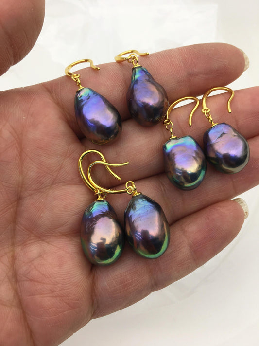 AAA 12-14mm black rainbow drop edison freshwater pearl dangle earrings,gold sterling silver dangle earrings,SE3-T9-14
