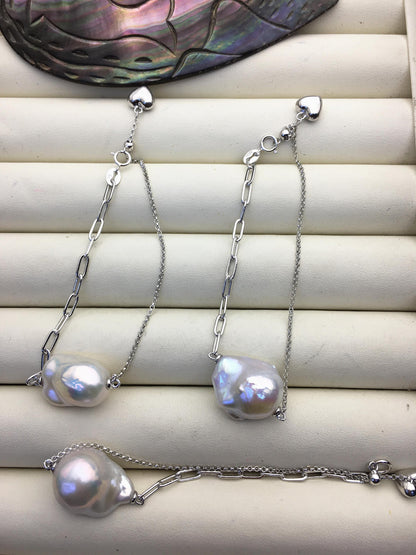 7'' AAA white flameball baroque pearl svlier color chain Bracelet,B8-002-2