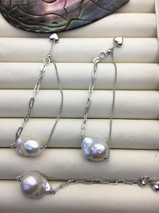 7'' AAA white flameball baroque pearl svlier color chain Bracelet,B8-002-2