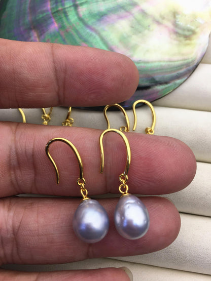 1 pair AA+ 9-10mm Silver Gray South Sea drop pearl Gold dangling earrings,SE3-109-5
