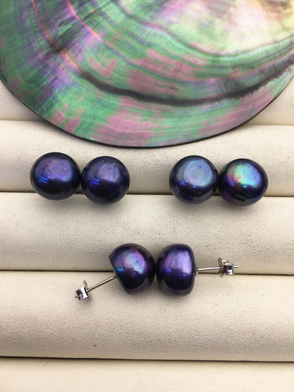 AA+ 12-13mm Big Black Pearl stud Earrings,Sterling Silver,SE1-011