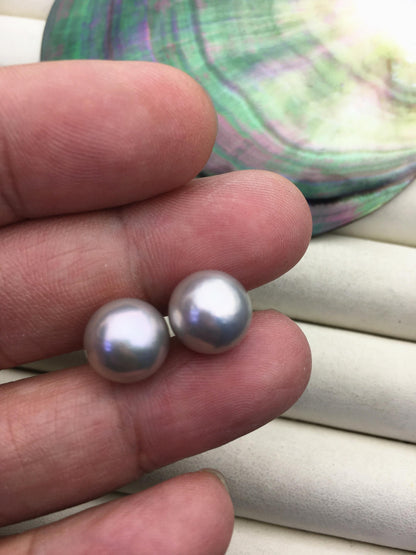 1 pair AAA 10-15mm gray rainbow round edison pearl stud earrings, S925 Sterling Silver stud earrings, wedding pearl earrings, SE3-T9-57