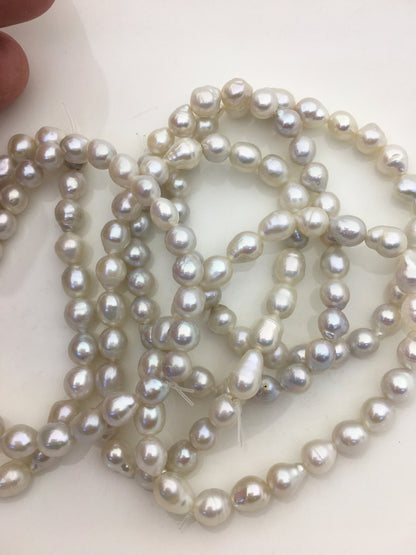 High Luster!2pcs 7 inchs AA+ 6-7mm White Baroque Rice Freshwater Akoya pearl Elastic string Bracelet,B8-003-4