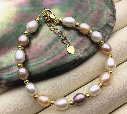 6+1.5'' AA+ misc color rice Freshwater pearl rose gold chain Bracelet,B8-025