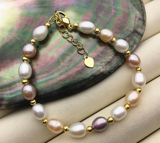 6+1.5'' AA+ misc color rice Freshwater pearl rose gold chain Bracelet,B8-025