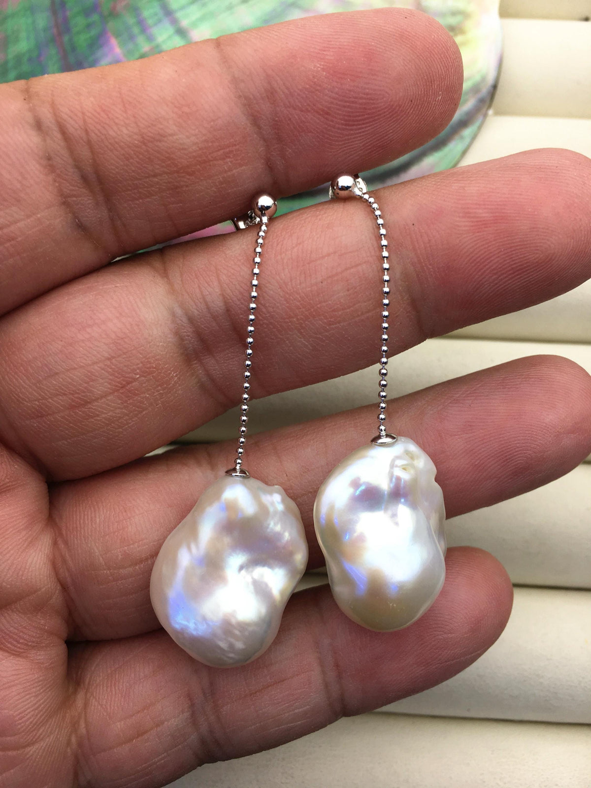 1 pair AAA 13-17mm white flame ball pearl stud earrings, sterling silver, earring with white baroque Natural Pearl, SE3-031-25