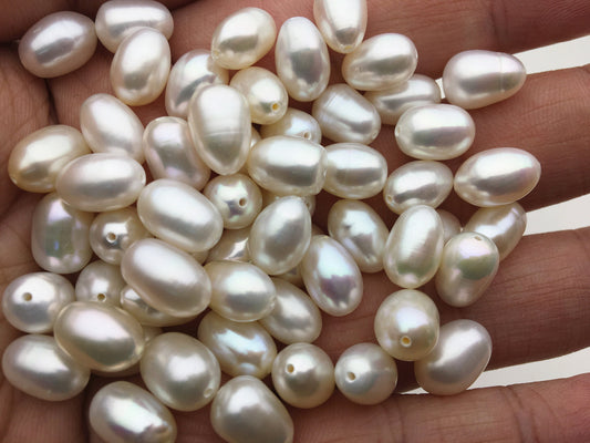 30pcs AAA 7.3-8.3mmx10.5-11.5mm LONG white rice freshwater pearls, white oval pearl, for make dangle pearl earrings, LR8-3A-5-1
