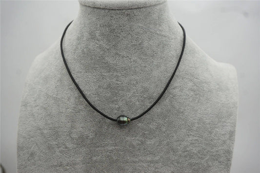 10-12mm Tahitian pearls hand rolled and knotted leather necklace, men or women choker, Black Leather Pearl necklace, Le11-025