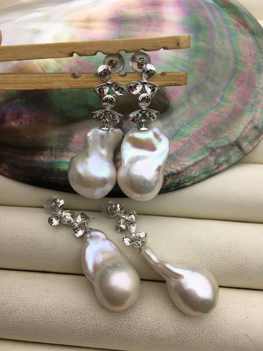 1 pair AA+ 14-16mmx20-28mm flame ball pearl stud earrings, sterling silver, earring with white baroque Natural Pearl, SE3-031-2
