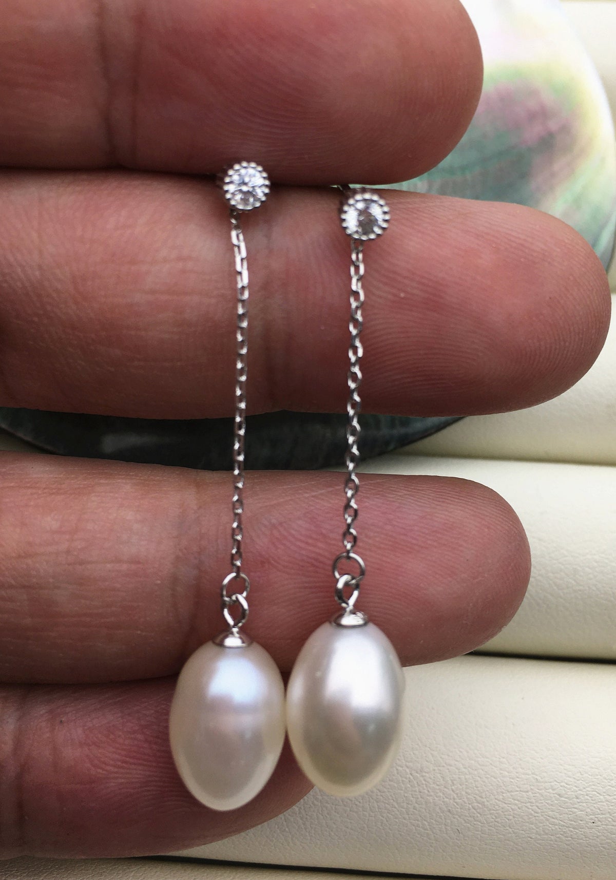 AAA 9mm White rice pearl cz stud earrings,zircon S925 Sterling Silver pearl earrings,pearl for women for girl,SE3-045