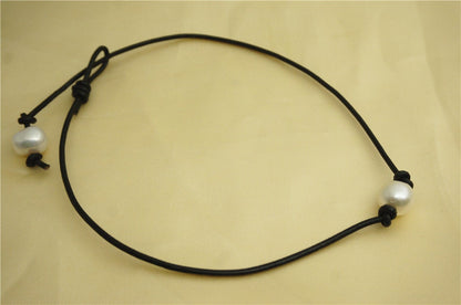 12mm big Round pearl necklace, Leather Pearl Choker, Pearl Leather Necklace, White Freshwater pearl, Black Leather Pearl necklace, Le1-030