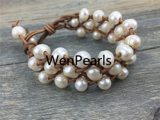 Three rows pearl bracelet, Leather Pearls Bracelet, Handmade Cuff, White Pearls on Brown Leather, Black leather bracelet, Le7-037