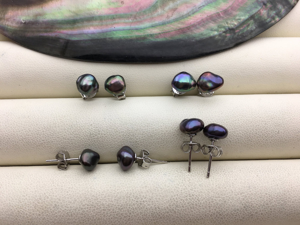 1 pair AAA 6-7mm Black blue keshi Freshwater Pearl Stud Earrings,Stud Earrings for Women Girls,SE3-025