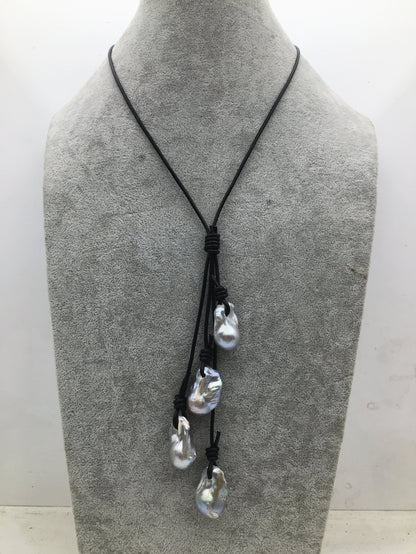 Four Gray Flame ball pearl and leather necklace, Baroque Freshwater Pearl Drop Necklace, Flaming ball pearl necklace, wholesale, Le4-059