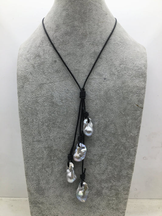 Four Gray Flame ball pearl and leather necklace, Baroque Freshwater Pearl Drop Necklace, Flaming ball pearl necklace, wholesale, Le4-059