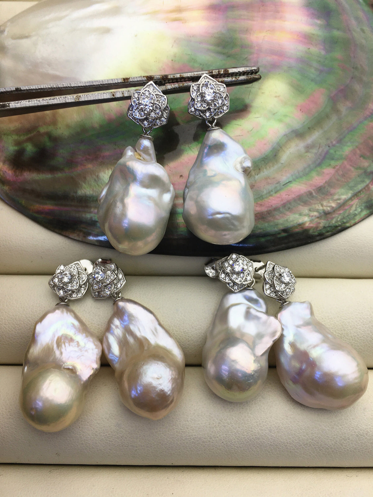 1 pair AA+ 14-16mmx20-28mm flame ball pearl flower stud earrings, sterling silver, earring with white baroque Natural Pearl, SE3-031-3