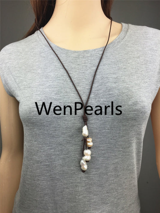 4 baroque pearls Drop leather necklace, Select leather color, Leather Pearl necklace, Leather baroque pearl necklace, wholesale, Le1-056