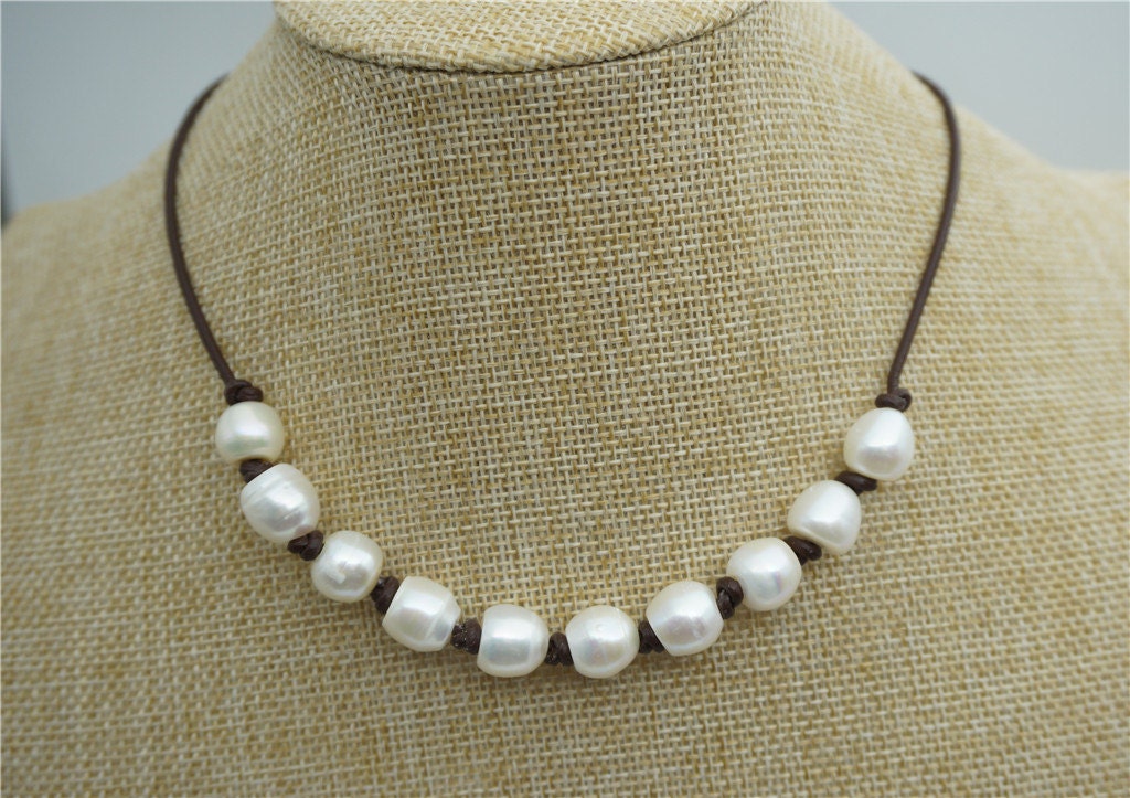 Big rice pearl necklace, white freshwater pearl necklace, Leather Pearl Necklace, Pearl Leather Necklace, White Leather Pearl necklace, Le1-096