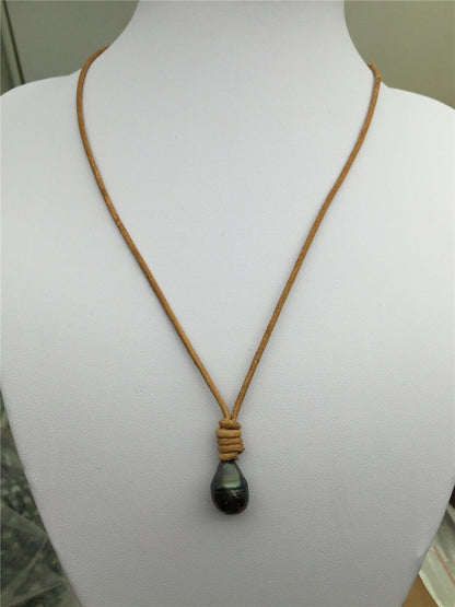 11-13mm Big Drop Tahitian Pearl Leather Necklace, Black Pearl, Black Leather Pearl necklace, Le11-031