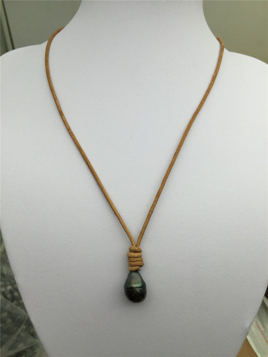 11-13mm Big Drop Tahitian Pearl Leather Necklace, Black Pearl, Black Leather Pearl necklace, Le11-031