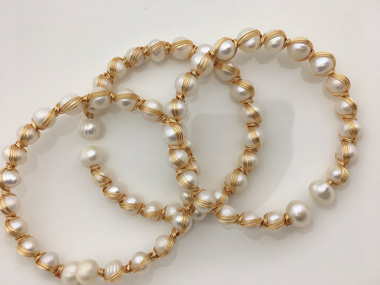 7'' AA+ white color potato freshwater pearl handmade bangle bracelet, B8-055-12