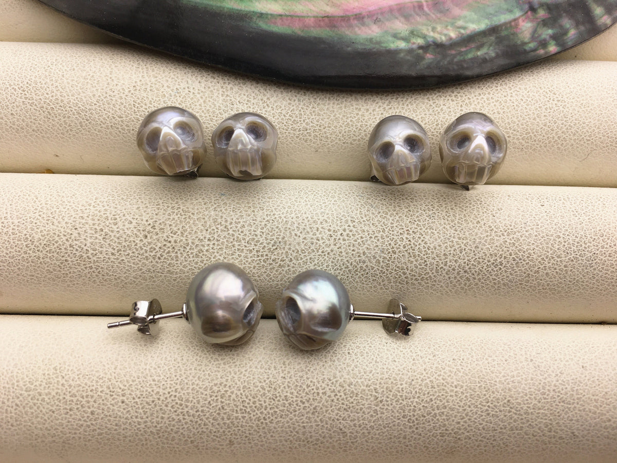 AAA 8mm/10mm white/pink/purple/black/gray HandMade Carved Skull Freshwater Pearl Stud Earrings, Stud Earrings for Women Girls, SE3-016