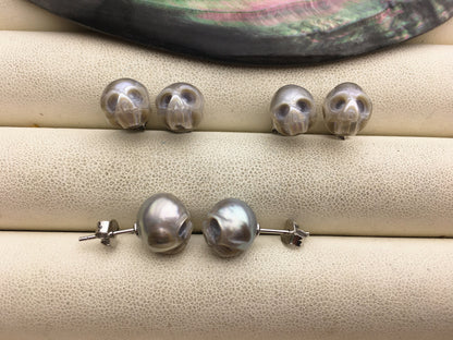AAA 8mm/10mm white/pink/purple/black/gray HandMade Carved Skull Freshwater Pearl Stud Earrings, Stud Earrings for Women Girls, SE3-016