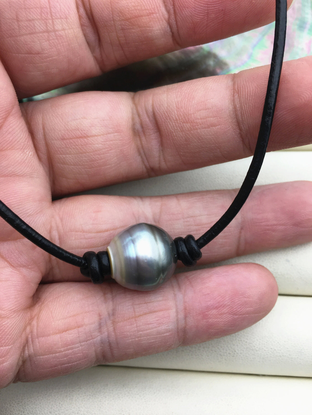 1pc 13-15mm huge big Tahitian Pearl Choker Necklace,Pearl Leather Necklace,Black Leather Pearl necklace,Le11-003