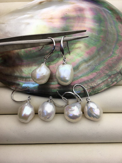 1 pair AA+ 12-14mm white baroque drop edison pearl dangle earrings, S925 Sterling Silver earrings, wedding pearl earrings, SE3-T9-21