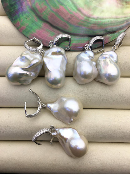 1 pair AAA 13-17mm white flame ball pearl diamond hook earrings, sterling silver, earring with white baroque Natural Pearl, SE3-031-19