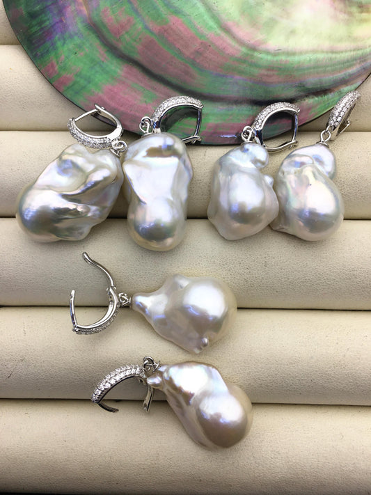 1 pair AAA 13-17mm white flame ball pearl diamond hook earrings, sterling silver, earring with white baroque Natural Pearl, SE3-031-19