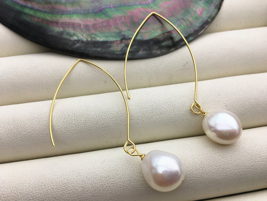 Big Hoop 11mm White nugget pearl dangle earrings,wedding pearl earrings,SE3-131-40