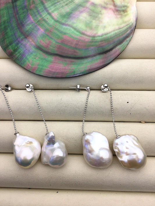 1 pair AAA 13-17mm white flame ball pearl stud earrings, sterling silver, earring with white baroque Natural Pearl, SE3-031-25