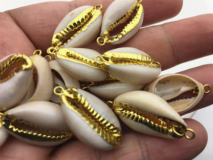 10pcs 14-16x20-22mm White Natural Cowrie Shell Connector Double Bails Sea Shell Beach Shell Handmade Gemstone Charm Making Jewelry, ACC-O-007