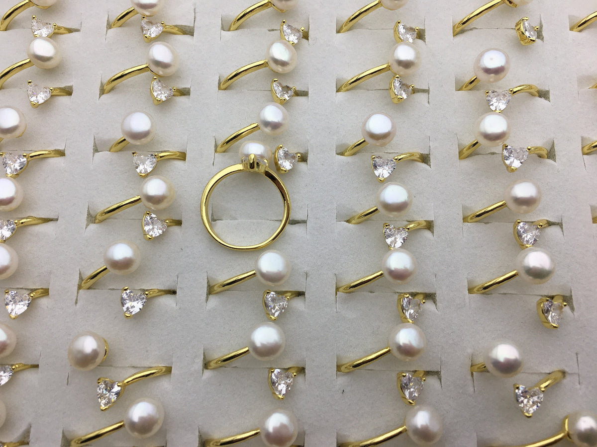 6pcs Gold Open AAA white pearl ring, inexpensive engagement rings, fashion rings, fake diamond rings real pearls, inexpensive ring, R1-088-6