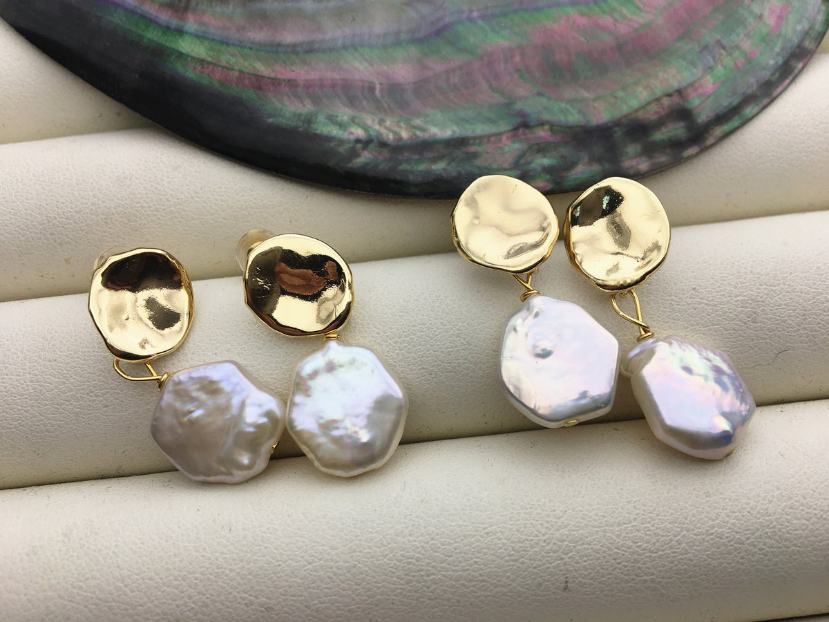 Gold coin natural white hexagon pearl stud earrings,wedding pearl earrings,SE3-131-61