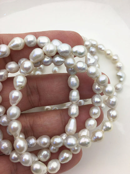 High Luster!2pcs 7 inchs AA+ 6-7mm White with natural gray Baroque Rice Freshwater Akoya pearl Elastic string Bracelet,B8-003-3