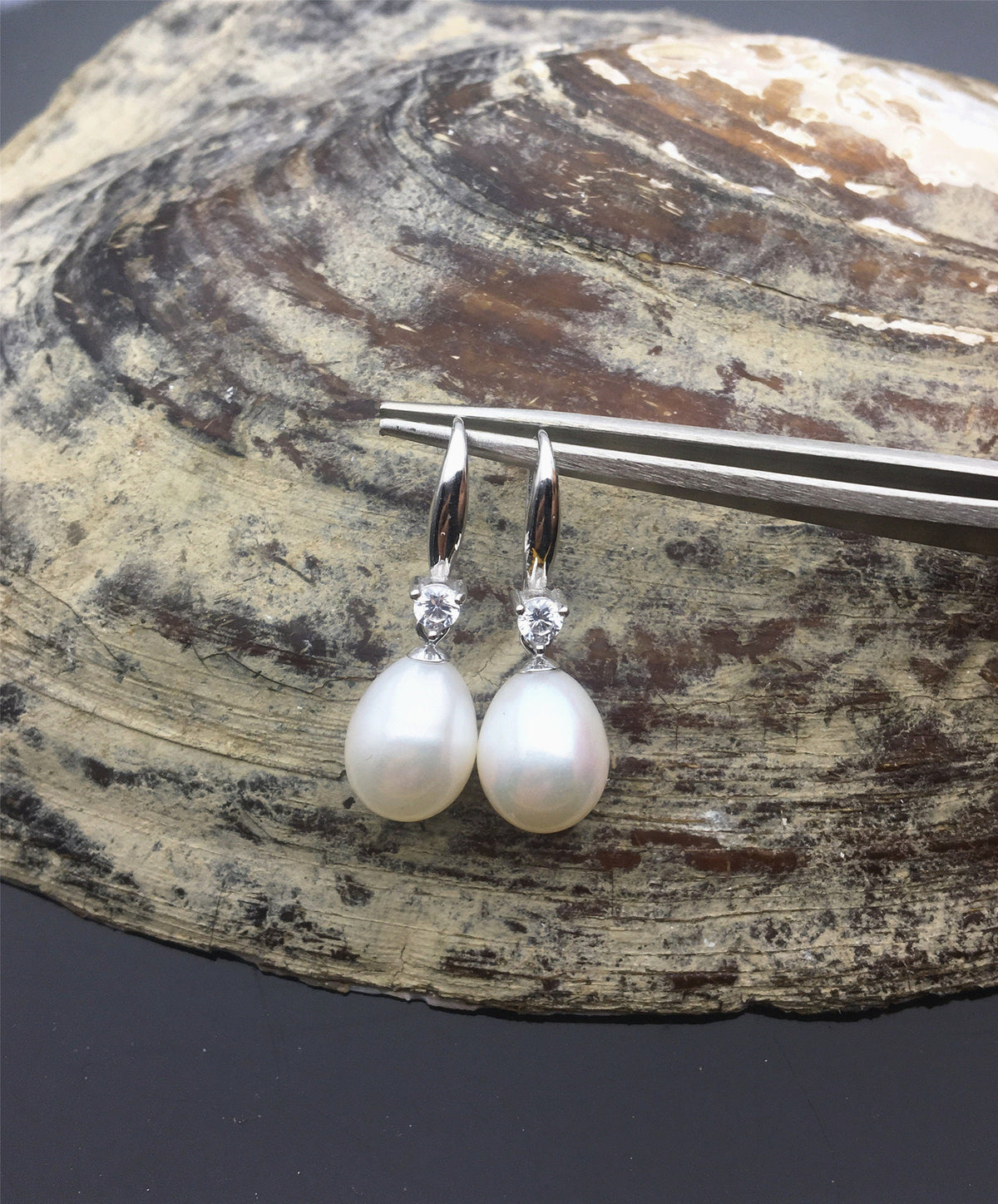 AAA 9mm white oval rice pearl cz stone dangle earrings, S925 Sterling Silver pearl earrings, SE3-082