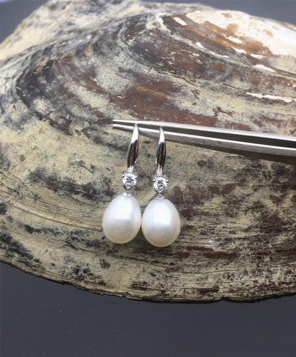 AAA 9mm white oval rice pearl cz stone dangle earrings, S925 Sterling Silver pearl earrings, SE3-082