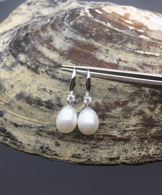 AAA 9mm white oval rice pearl cz stone dangle earrings, S925 Sterling Silver pearl earrings, SE3-082