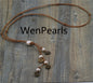 letter coin potato pearl Pearl and Leather Lariat Necklace, Light brown Leather Pearl necklace, Leather baroque pearl necklace, Le2-046