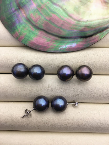 1 pair AA+ 11-12mm black round edison pearl stud earrings, S925 Sterling Silver stud earrings, wedding pearl earrings, SE3-T9-7
