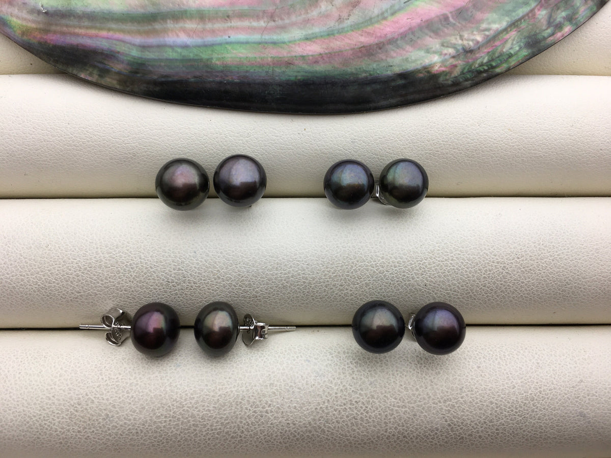 1 pair AAA 7-8mm Black Green Pearl stud Earrings,SE1-T38