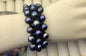 Three rows deep blue pearl bracelet, Leather Pearls Bracelet, Handmade Cuff, White Pearls on Brown Leather, Black leather bracelet, Le7-095