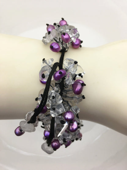 1pc handmade purple pearl and crystal thread bracelet, adjust length, pearl bracelet, knotted freshwater pearl bracelet, Pearls Bracelet, B8-T1