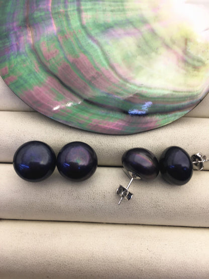 AA+ 13.5-14mm Very Big Black Buttom Round Pearl stud earrings,SE1-069-3