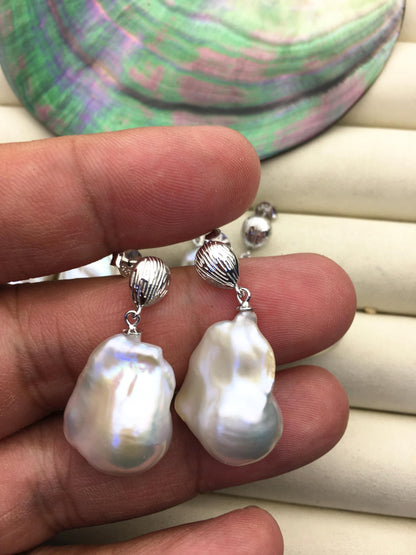 1 pair AAA 13-17mm white flame ball pearl silver shell stud earrings, sterling silver, earring with white baroque Natural Pearl, SE3-031-23