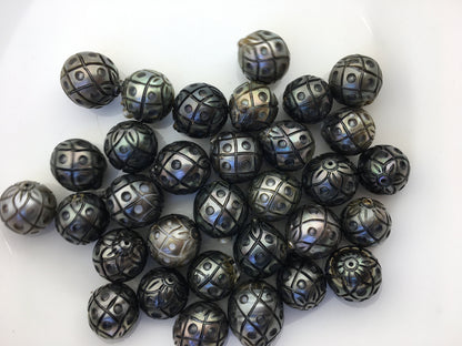 1pc 12/13/14mm Oval Pineapple Carved Tahitian Pearl - Hand Carved - Tattoo Tahitian Pearls, carved pearls, flower designs, CAC-FLW-9-7